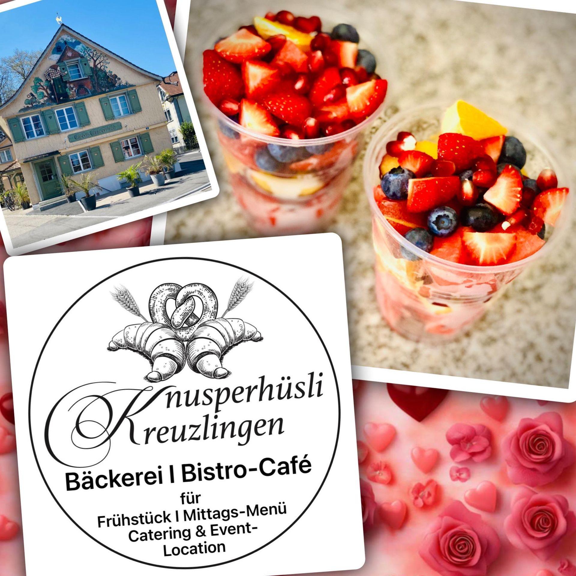 Collage with bakery logo, building exterior, and two fruit cups on a heart-themed background.